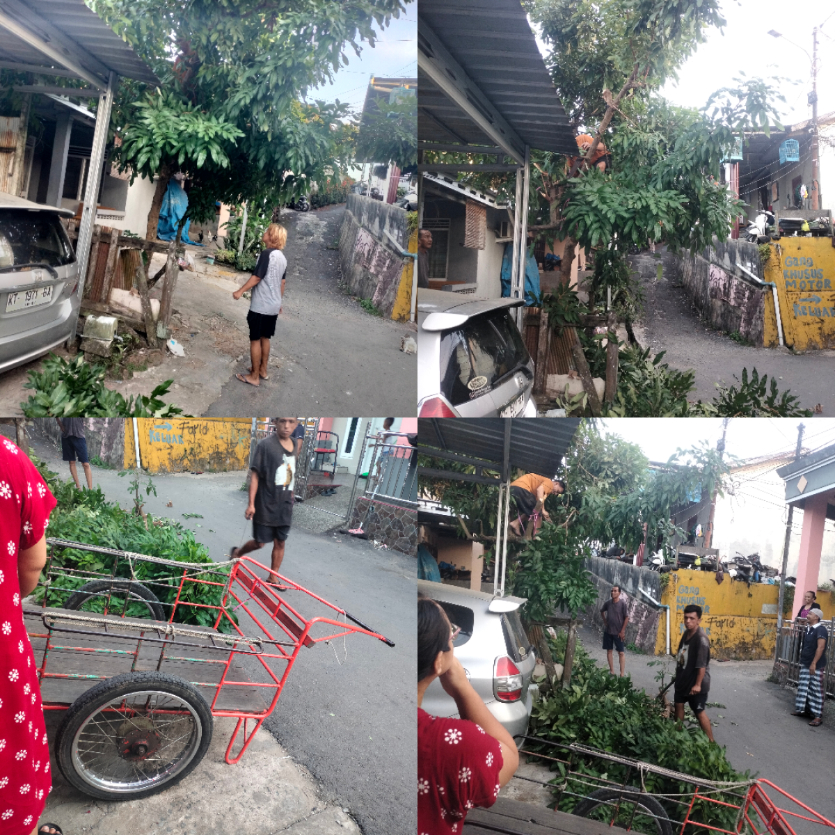 Gotong royong potong pohon melewati jalan