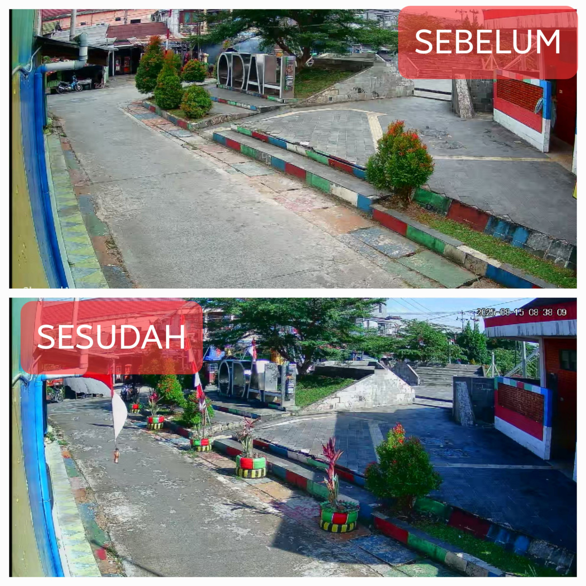 Prngecetan pot dan merapikan jalur aman tikungan pertigaan jalan