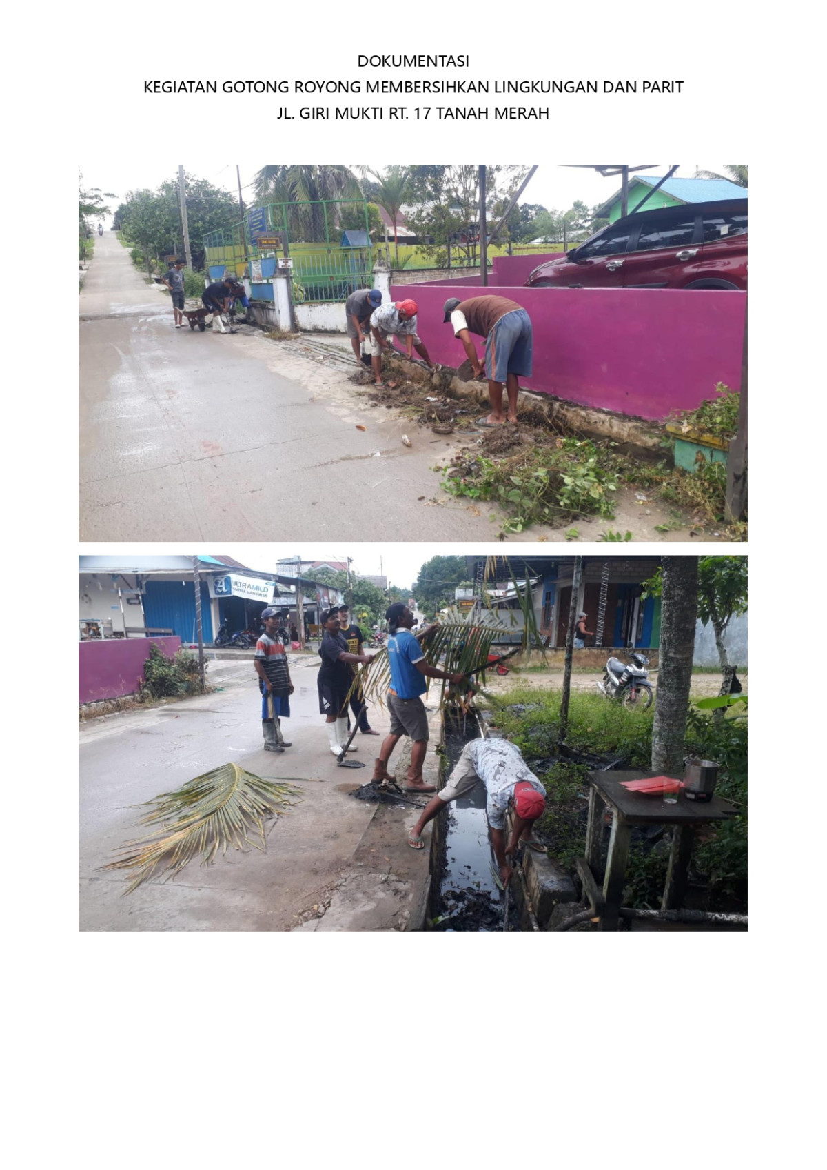 Membersihkan lokasi acara persiapan HUT Tanah Merah ke-49 tahun 2024 di Jl. Giri Mukti RT. 17 Tanah Merah