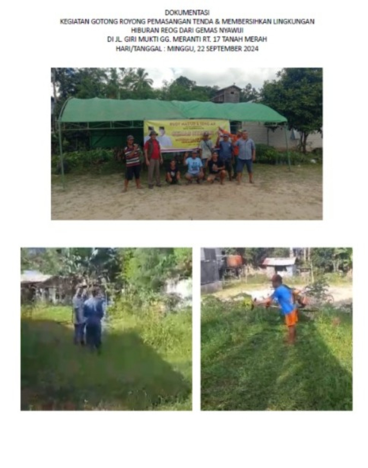 Kegiatan Pemasangan Tenda dan Pembersihan Lingkungan di Jl. Giri Mukti Gang Meranti RT. 17 Tanah Merah