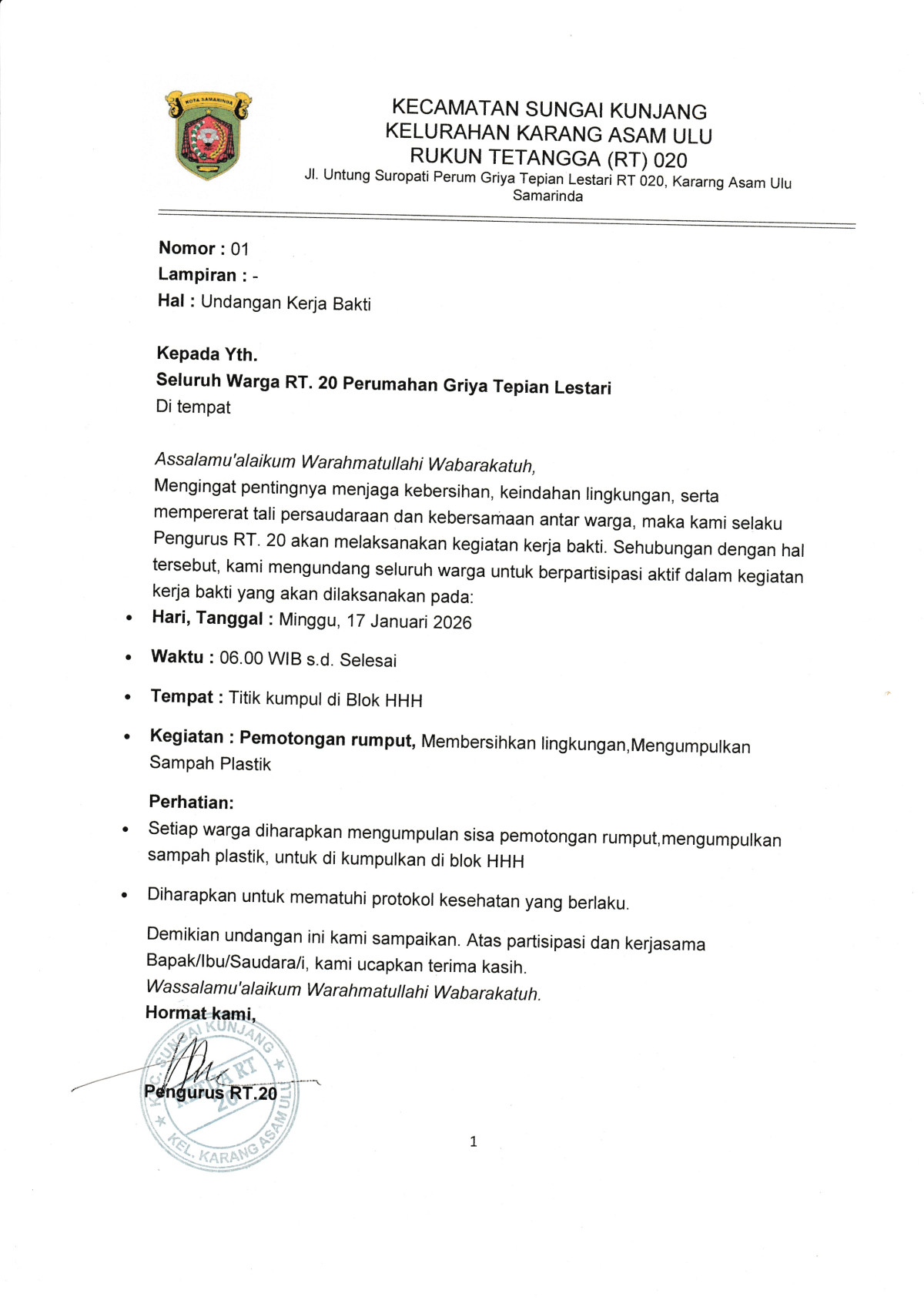 Gotong Royong RT 20 Karang Asam Ulu